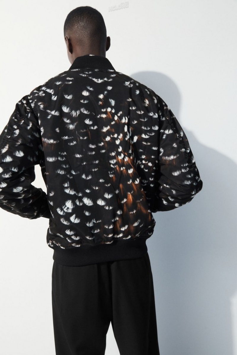 COS The Feather-Print Bomber Jacket Men's Coats & Jackets Black / Feather Print | YP87-H3WA