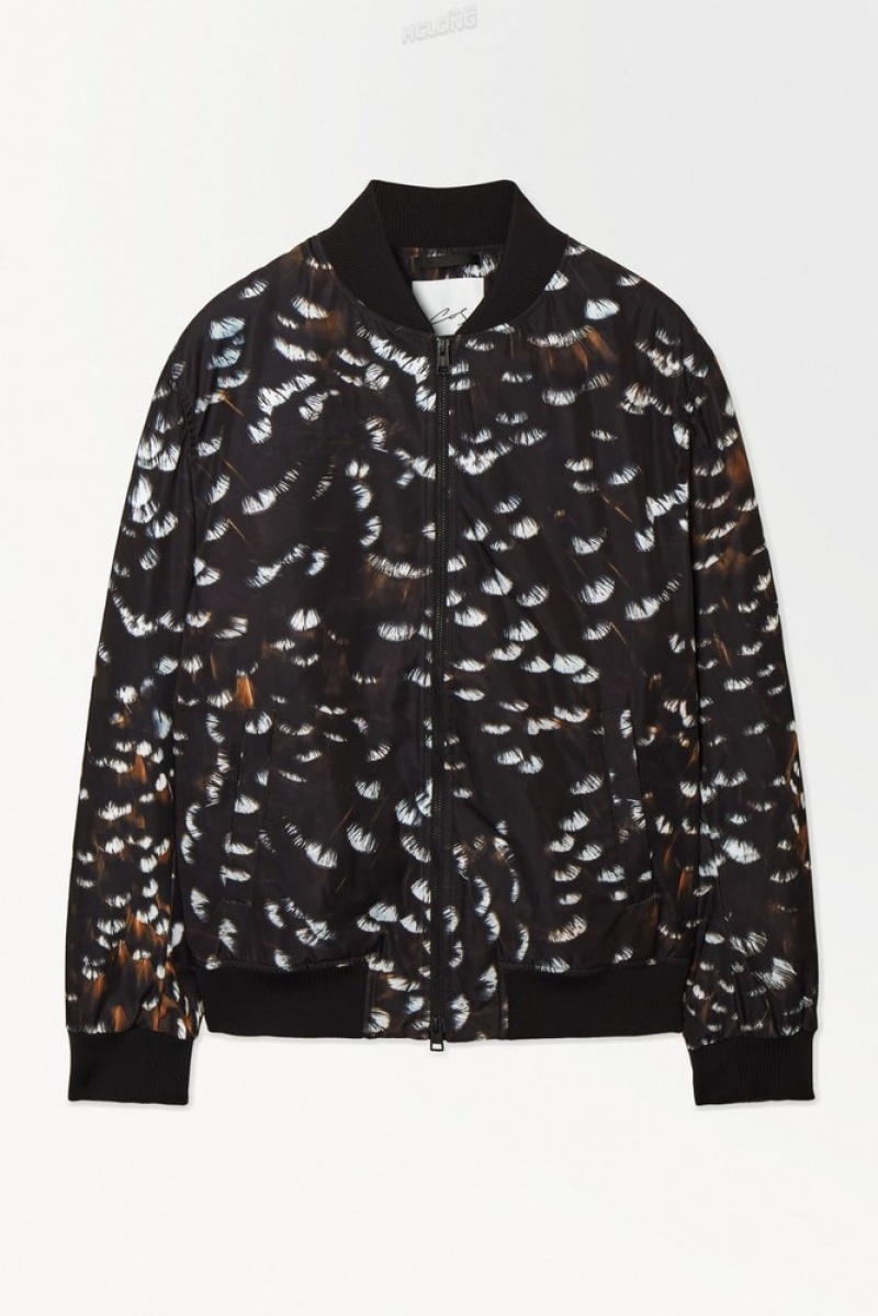 COS The Feather-Print Bomber Jacket Men's Coats & Jackets Black / Feather Print | YP87-H3WA