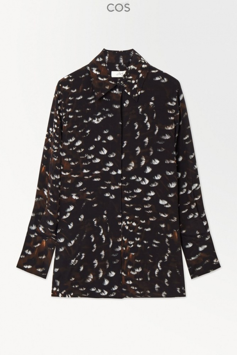 COS The Feather-Print Silk Shirt Women's Shirts & Blouses Black / Feather Print | WI47-J3FQ