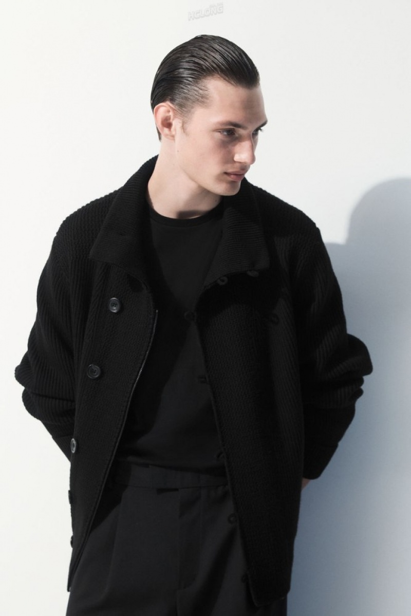 COS The Funnel-Neck Knitted Wool Jacket Men's Coats & Jackets Black | JF78-N8DB