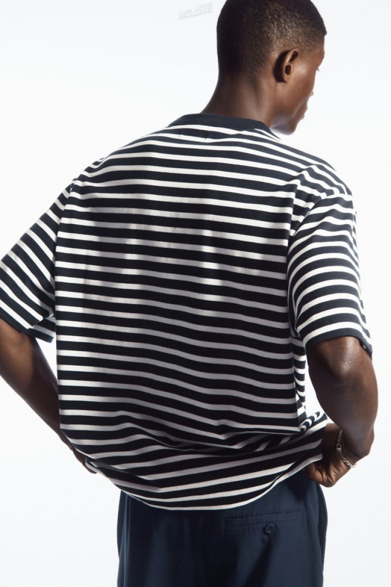 COS The Heavy Duty Striped T-Shirt Men's T-shirts Navy / White / Striped | CW54-P2XM