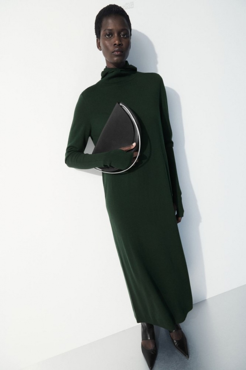 COS The Hooded Wool Dress Women's Dresses Dark Green | TU84-I8RQ