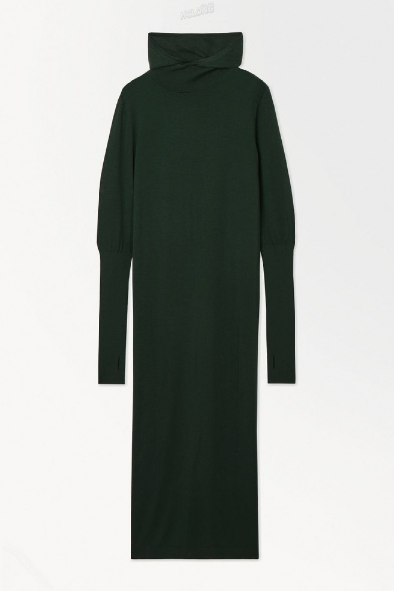 COS The Hooded Wool Dress Women's Dresses Dark Green | TU84-I8RQ