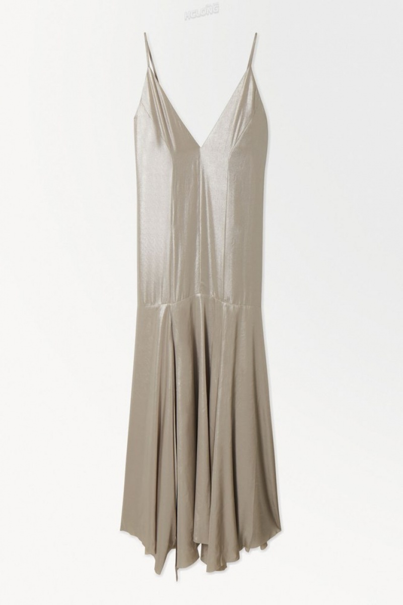 COS The Metallic Flared Slip Dress Women's Dresses Silver | EV69-K6FH