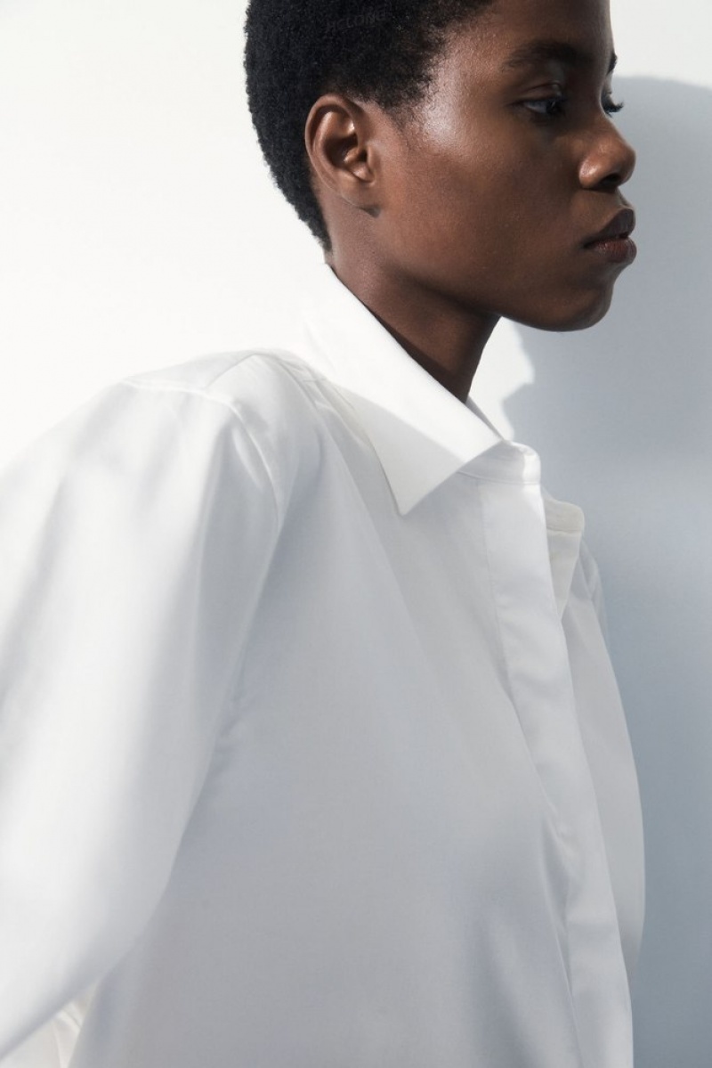 COS The Oversized Cotton-Sateen Shirt Women's Shirts & Blouses White | ZN50-K9VZ