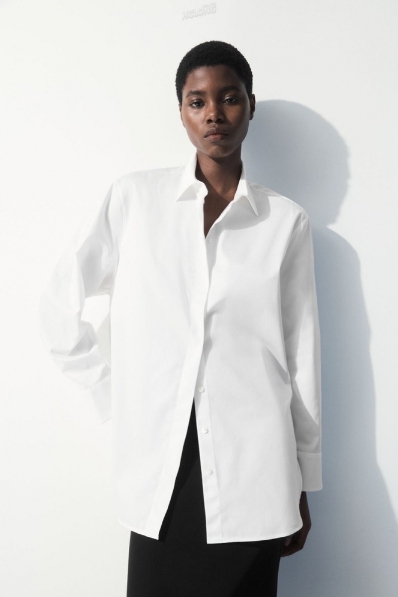 COS The Oversized Cotton-Sateen Shirt Women\'s Shirts & Blouses White | ZN50-K9VZ