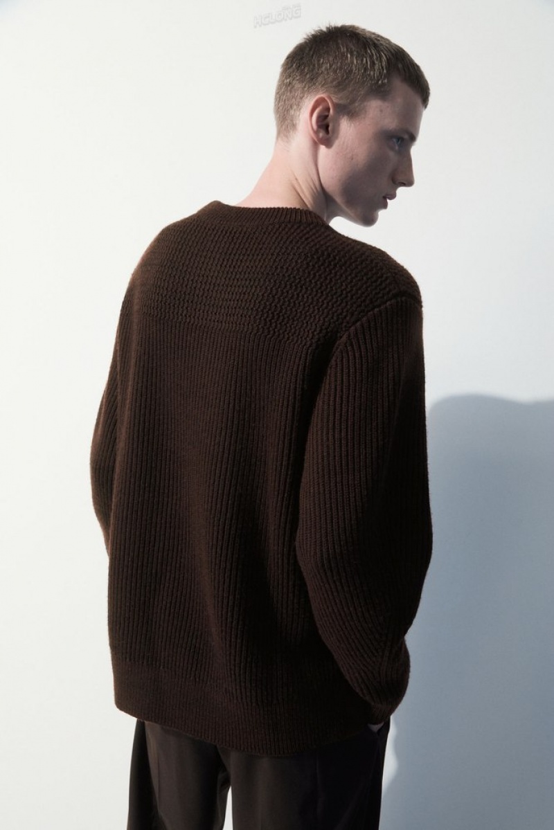 COS The Panelled Wool Jumper Men's Sweaters & Cardigans Dark Brown MéLange | NF61-G3TI