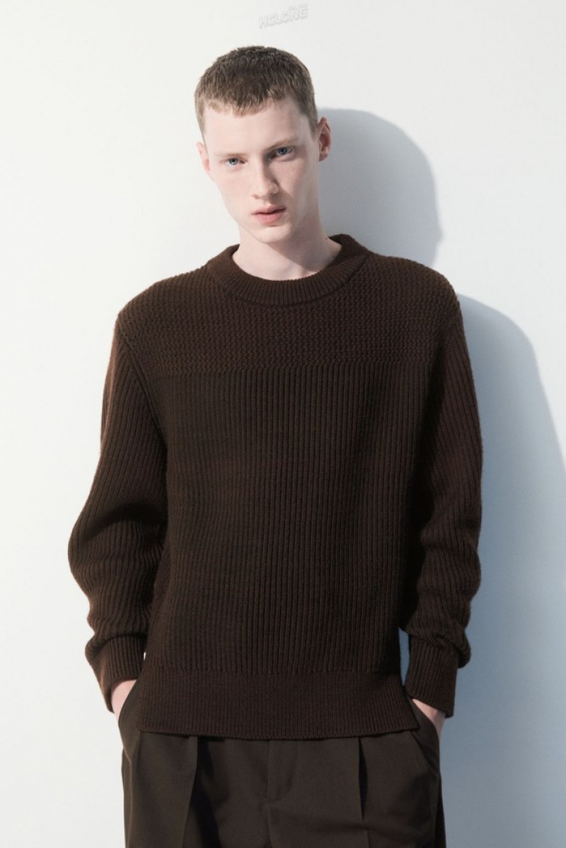 COS The Panelled Wool Jumper Men\'s Sweaters & Cardigans Dark Brown MéLange | QS08-E3SV