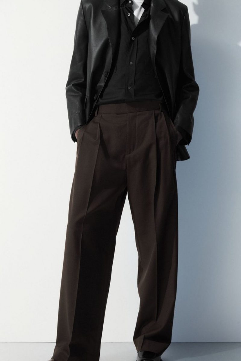 COS The Pleated Wool Pants Men's Suit Pants Dark Brown | OD53-L5KL