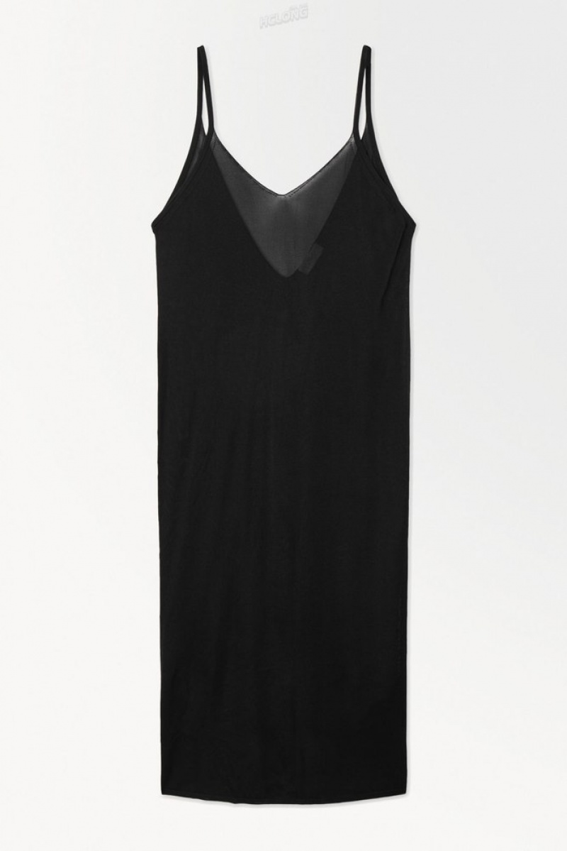 COS The Sheer Knitted Slip Dress Women's Dresses Black | UH72-F9QA