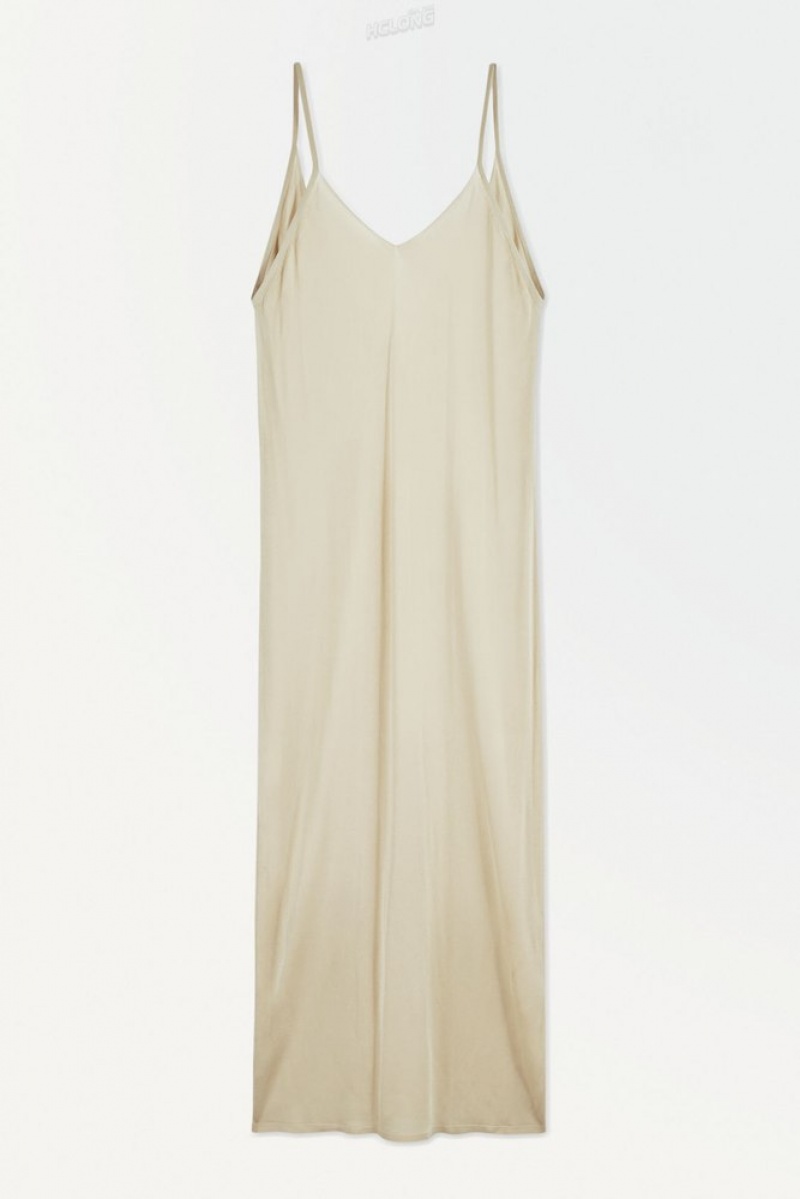 COS The Sheer Knitted Slip Dress Women's Dresses Light Beige | CM25-E2LP