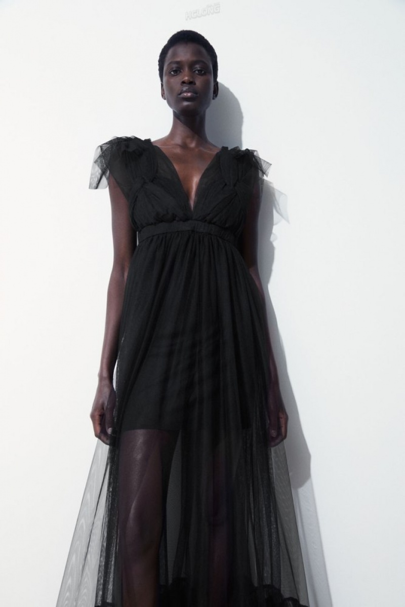 COS The Sheer Tulle Dress Women's Dresses Black | GI80-H0QT