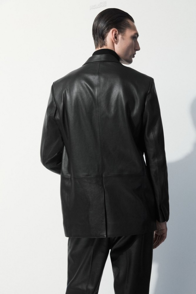 COS The Single-Breasted Leather Blazer Men's Coats & Jackets Black | ZY07-W4PQ