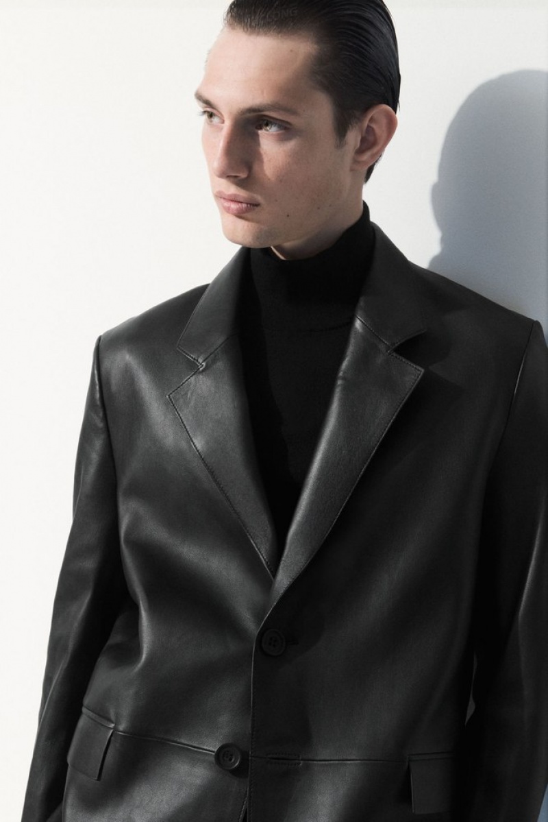 COS The Single-Breasted Leather Blazer Men's Coats & Jackets Black | ZY07-W4PQ