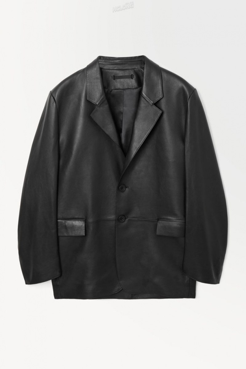 COS The Single-Breasted Leather Blazer Men's Coats & Jackets Black | ZY07-W4PQ