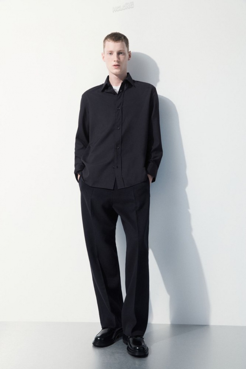 COS The Tailored Wool Shirt Men's Shirts Black / White / Striped | NI92-F4PH