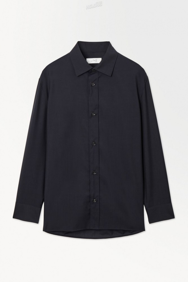 COS The Tailored Wool Shirt Men's Shirts Black / White / Striped | NI92-F4PH