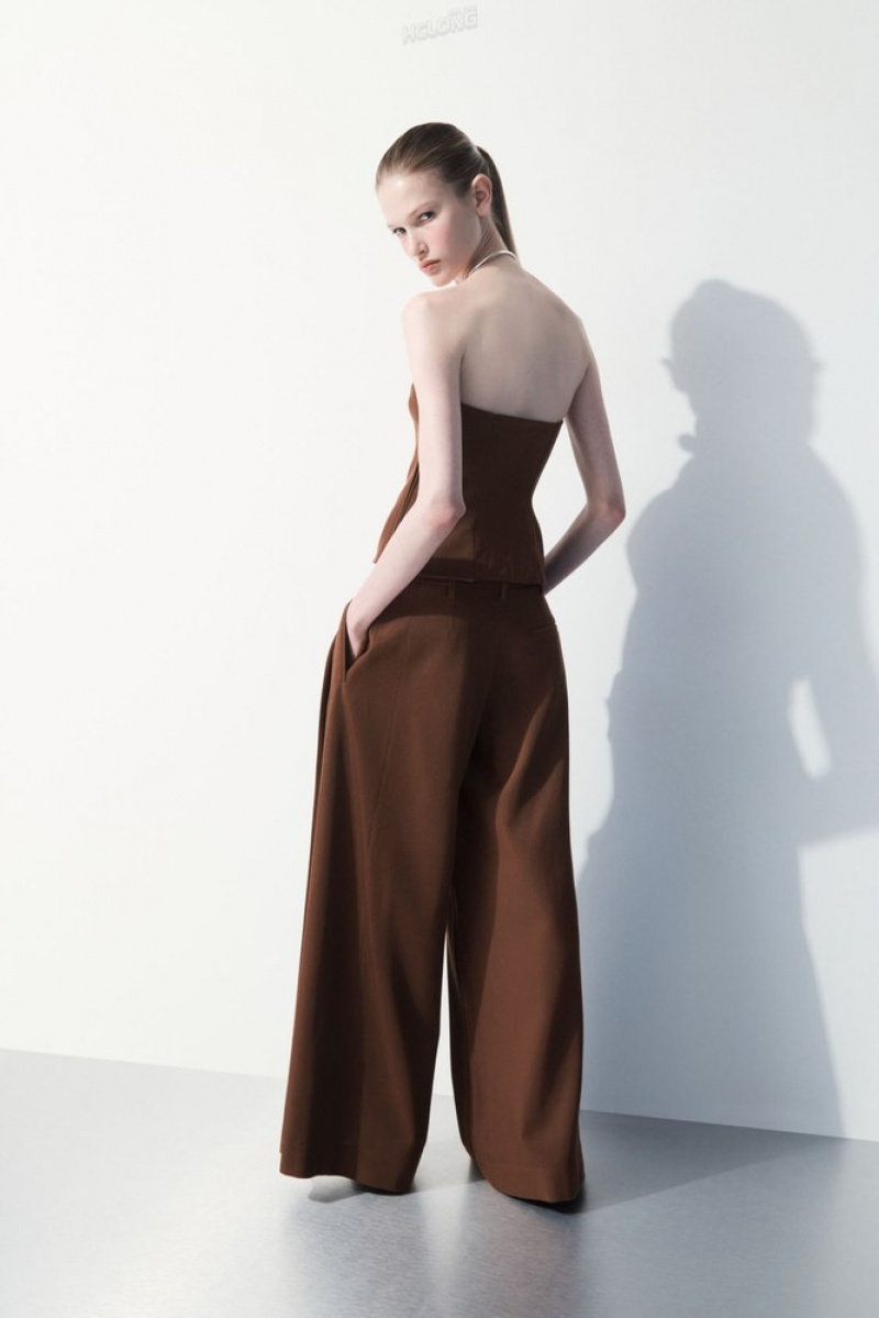 COS The Wide-Leg Wool Trousers Women's Pants Dark Brown | IH10-F4ZD