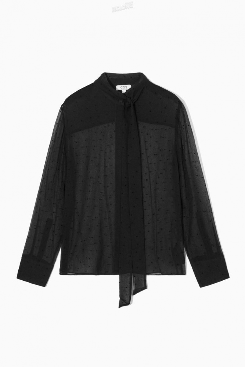 COS Tie-Detail Polka-Dot Silk-Chiffon Blouse Women's Tops Black | HZ78-U1GC