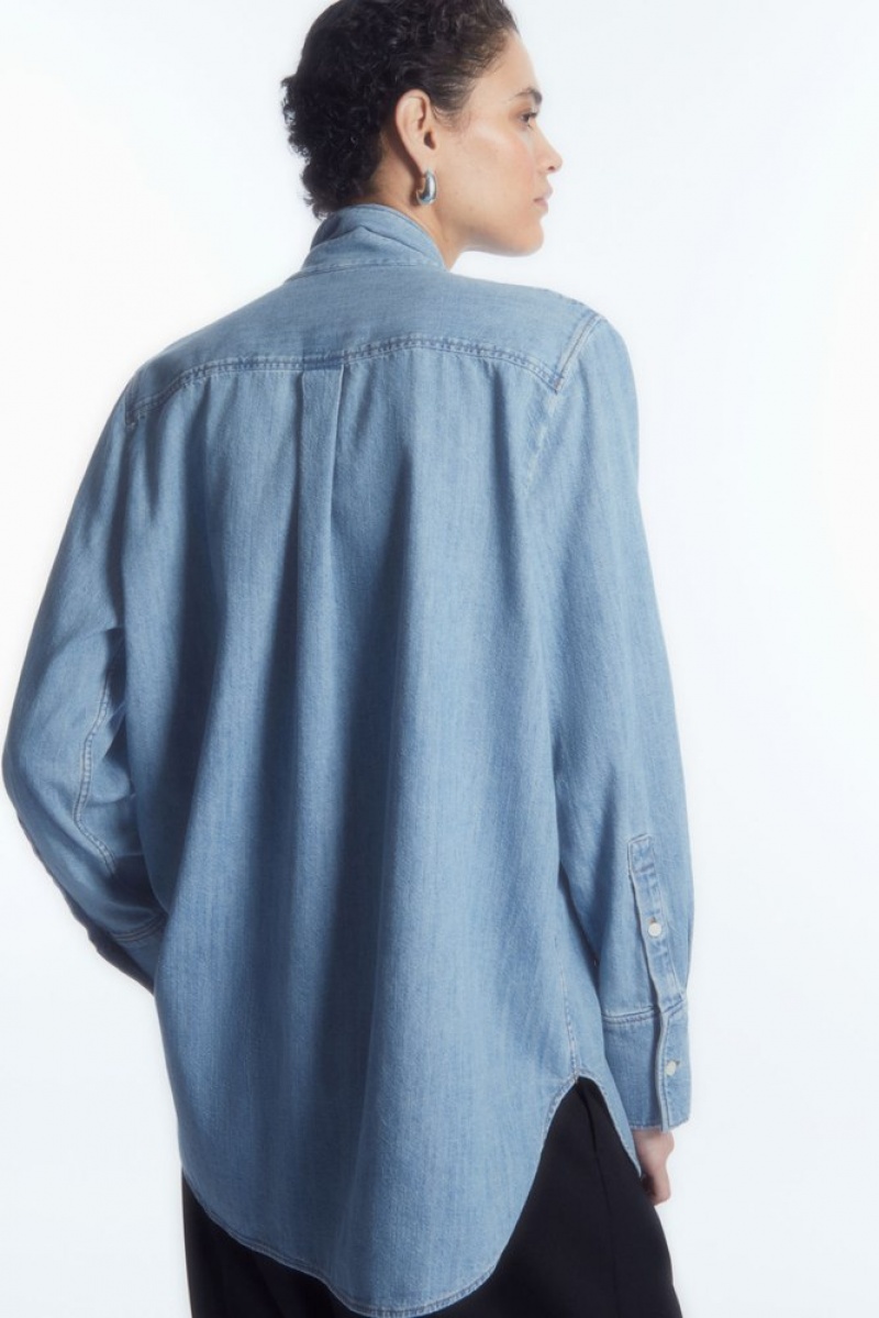 COS Tie-Neck Dagger-Collar Denim Shirt Women's Shirts & Blouses Light Blue | OU57-V2PL