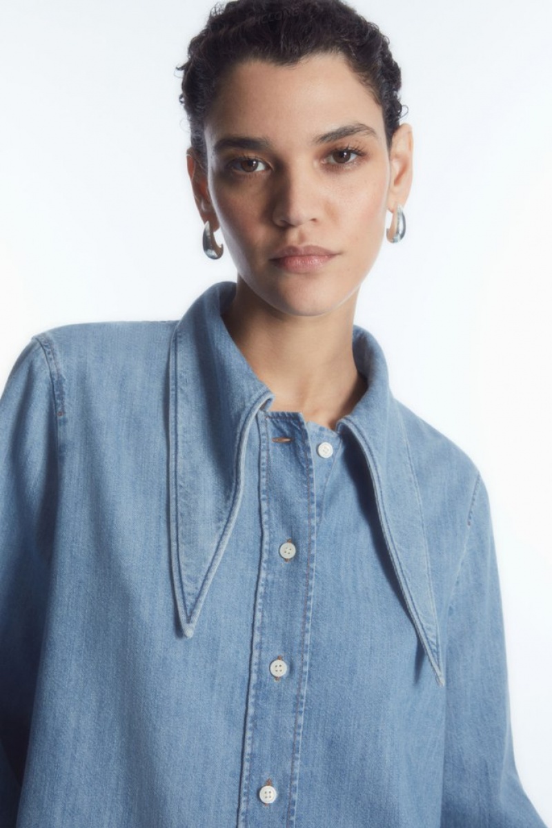 COS Tie-Neck Dagger-Collar Denim Shirt Women's Shirts & Blouses Light Blue | OU57-V2PL