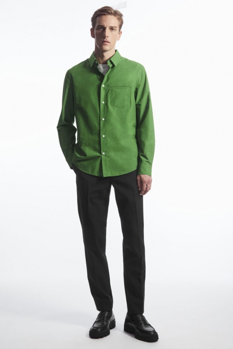 COS Topstitched Poplin Shirt Men's Shirts Green | XS97-Z6VL