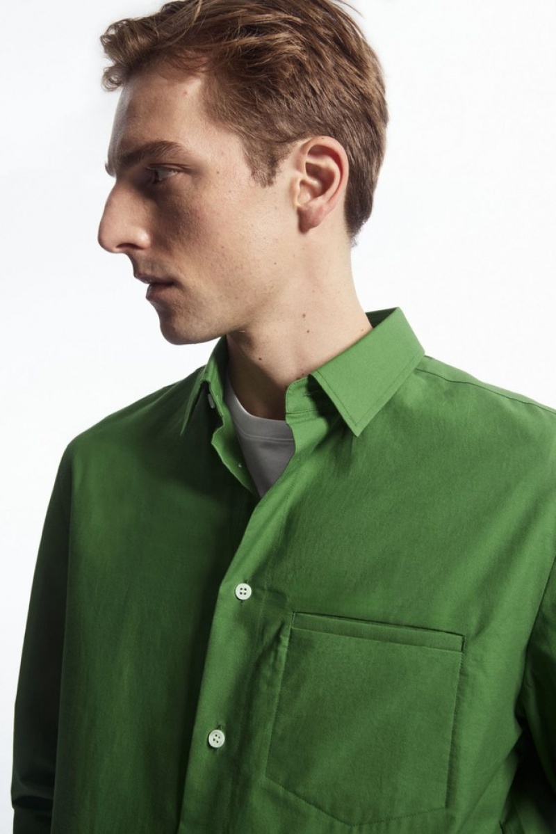 COS Topstitched Poplin Shirt Men's Shirts Green | XS97-Z6VL