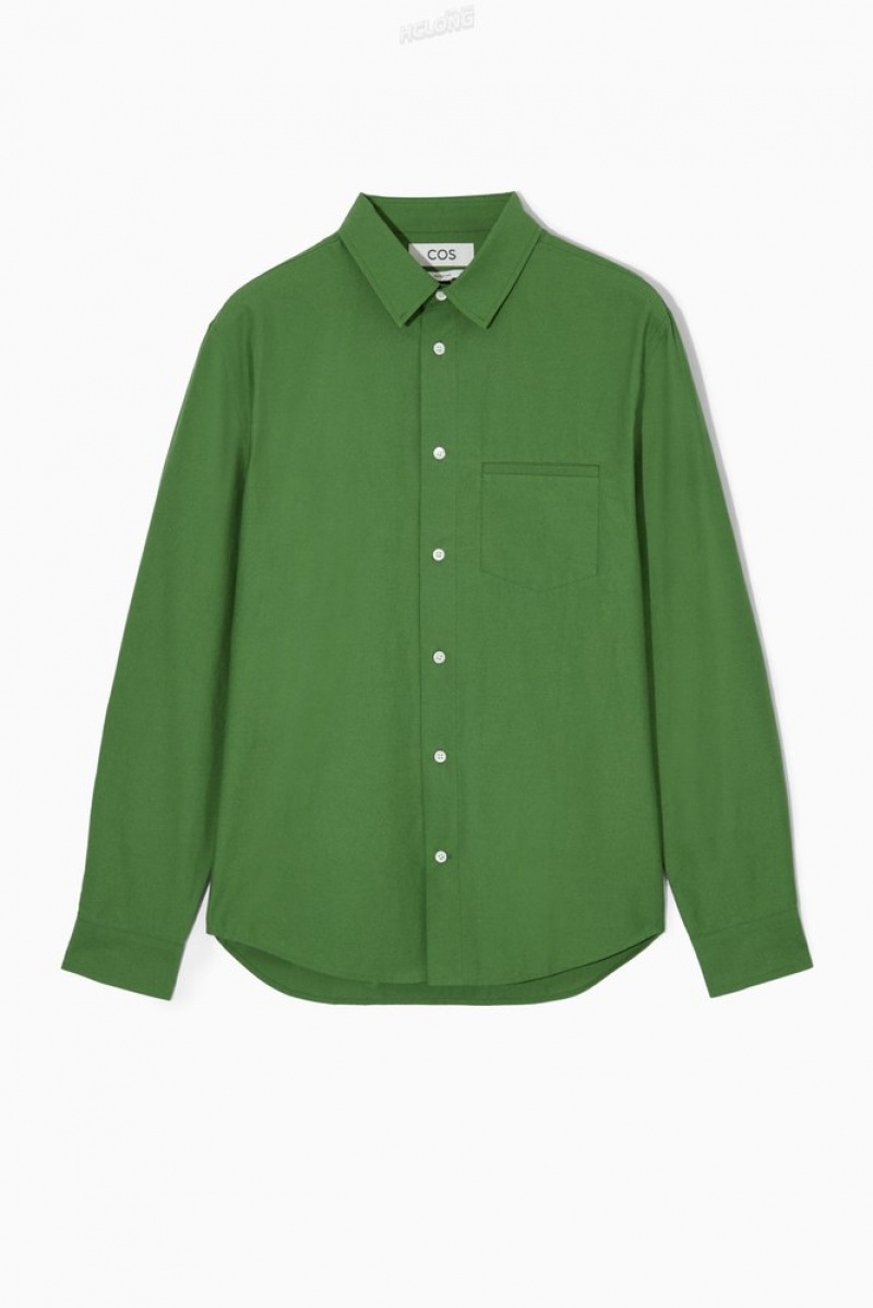 COS Topstitched Poplin Shirt Men's Shirts Green | XS97-Z6VL