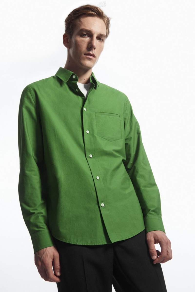 COS Topstitched Poplin Shirt Men\'s Shirts Green | XS97-Z6VL