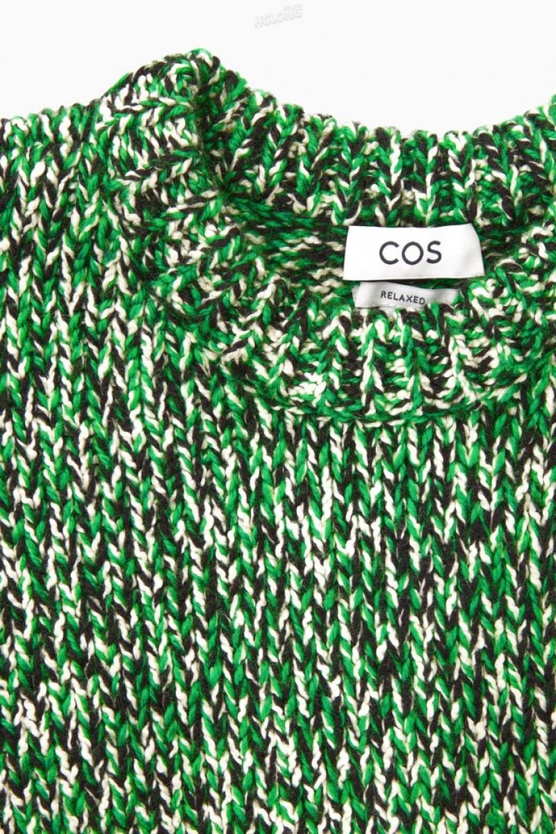 COS Tri-Tone Wool Crew-Neck Jumper Men's Knitwear Green / Black / White | OR62-C6QD