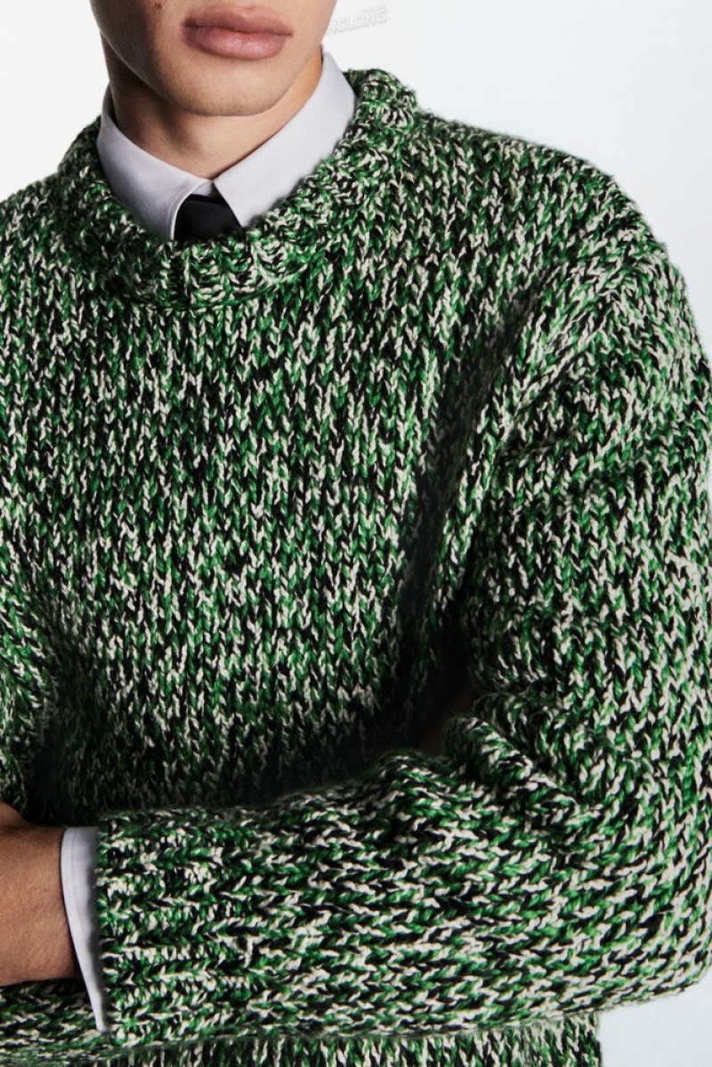 COS Tri-Tone Wool Crew-Neck Sweater Men's Sweaters & Cardigans Green / Black / White | CV90-G3EA