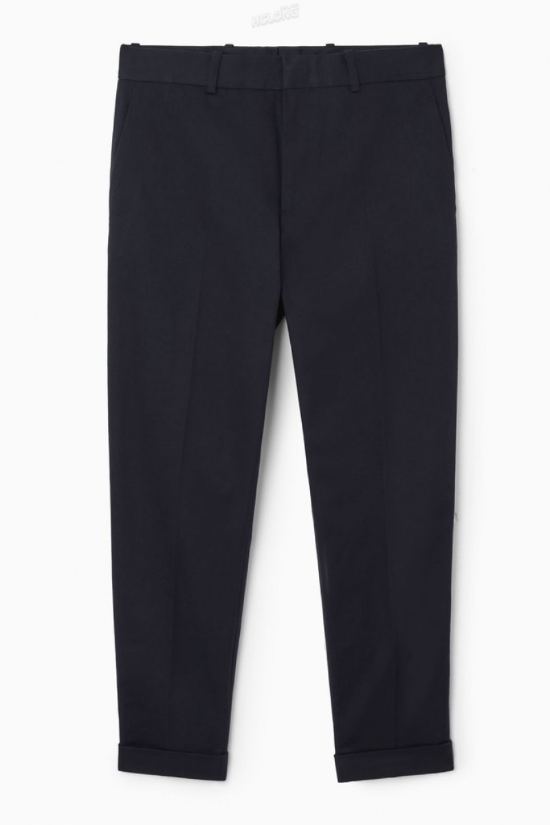 COS Turn-Up Tapered Twill Trousers Men's Trousers Navy | HF10-L2GM