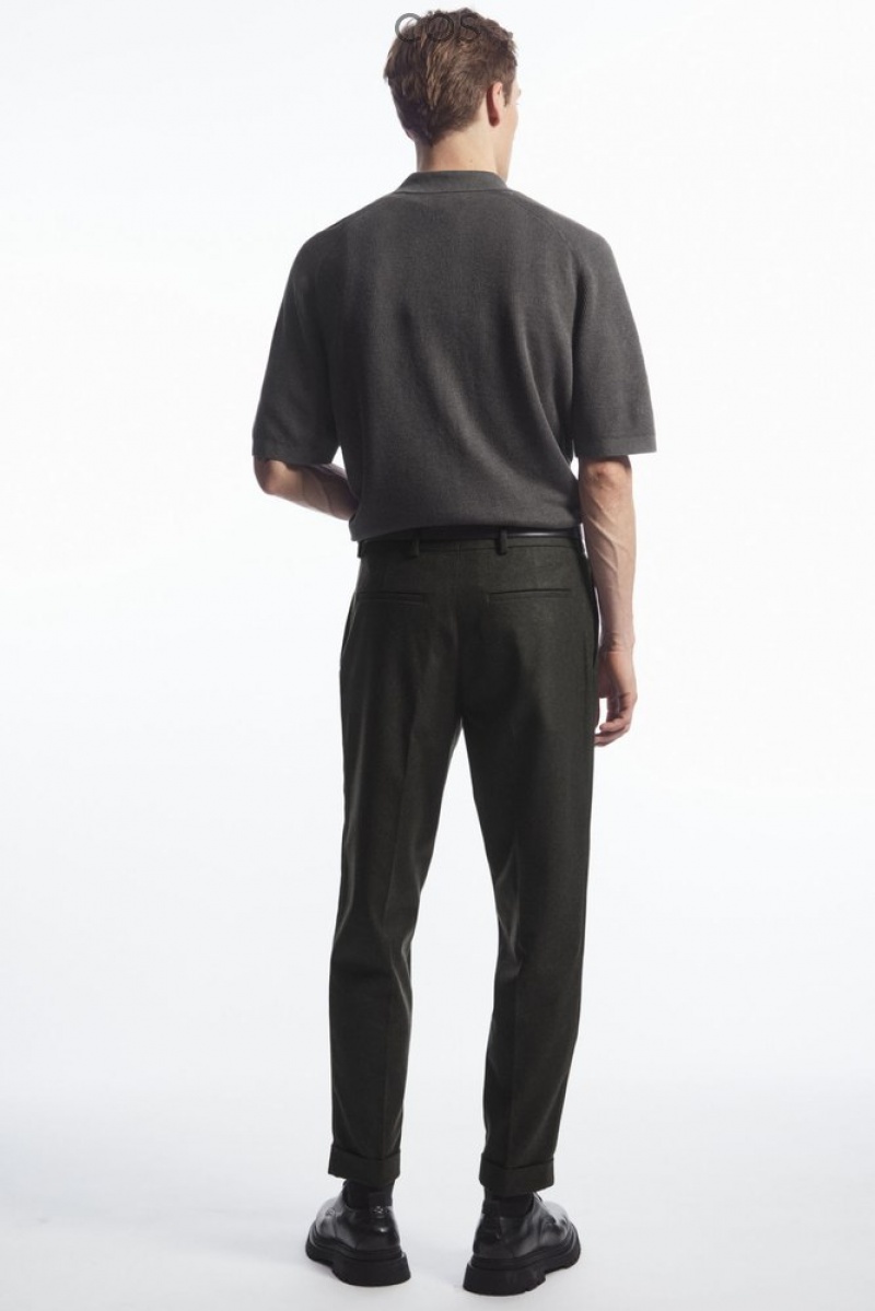 COS Turn-Up Tapered Wool Pants Men's Pants Dark Green | AQ75-T3YI