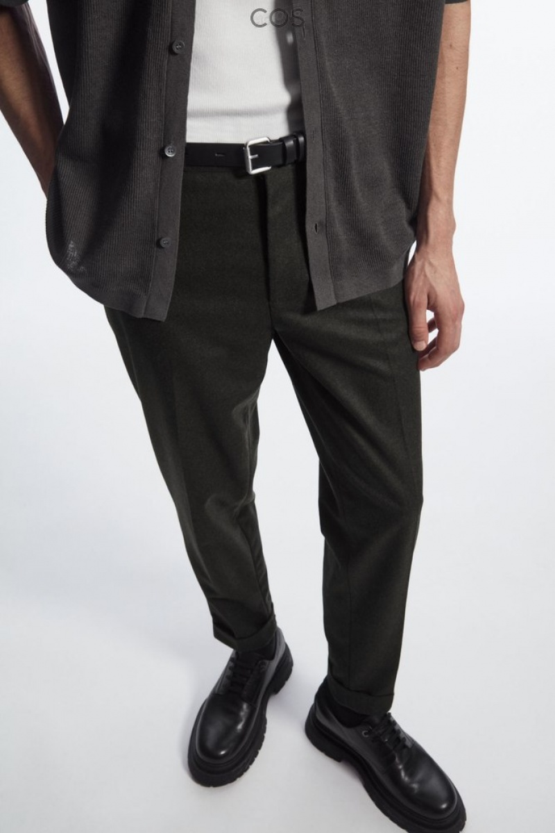 COS Turn-Up Tapered Wool Pants Men's Pants Dark Green | AQ75-T3YI