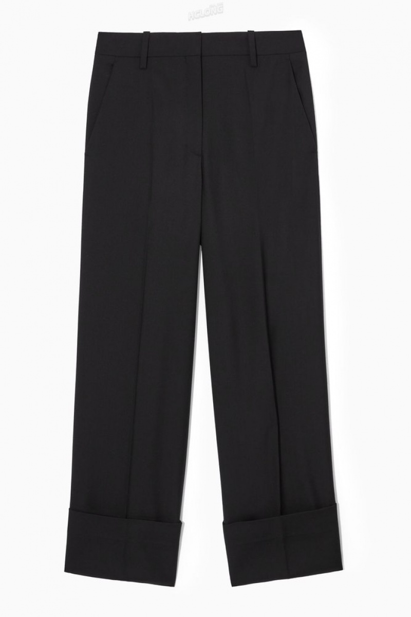 COS Turn-Up Wide-Leg Wool Chinos Women's Trousers Black | GX61-G2CP