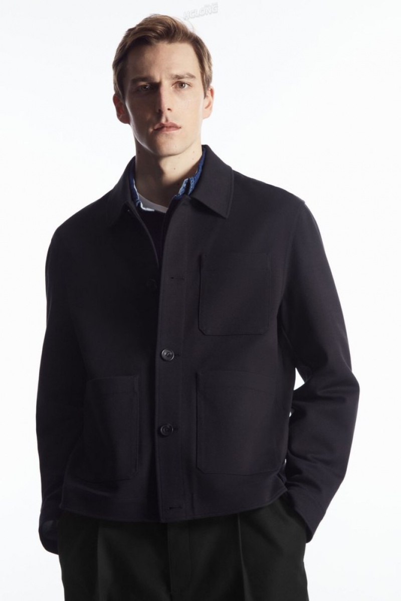 COS Twill Utility Jacket Men's Coats & Jackets Navy | JH27-I1MG