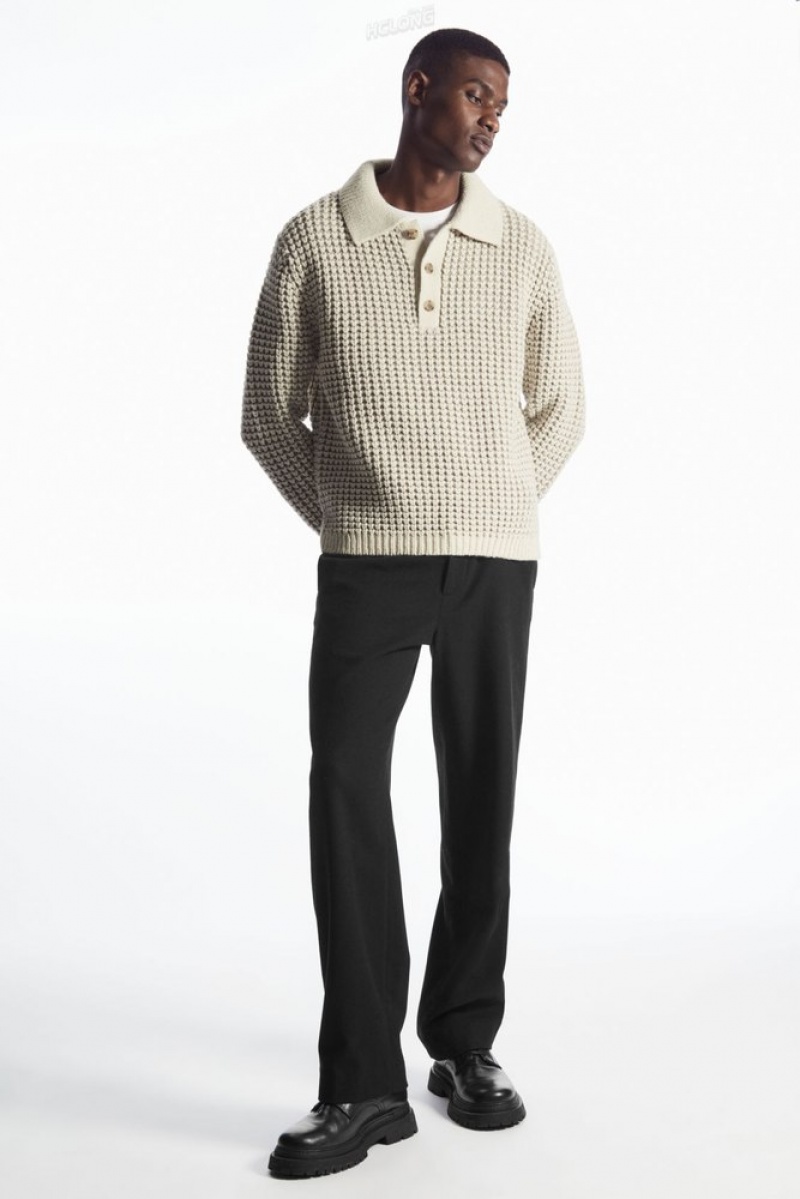 COS Two-Tone Waffle-Knit Polo Shirt Men's Sweaters & Cardigans Cream | VK19-J8IF