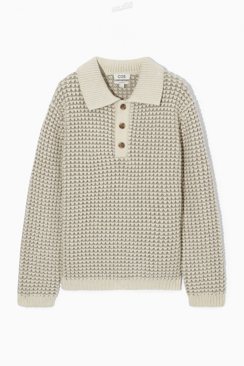 COS Two-Tone Waffle-Knit Polo Shirt Men's Sweaters & Cardigans Cream | VK19-J8IF