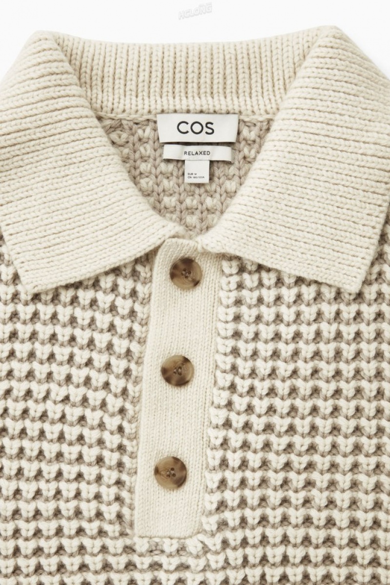 COS Two-Tone Waffle-Knit Polo Shirt Men's Sweaters & Cardigans Cream | VK19-J8IF