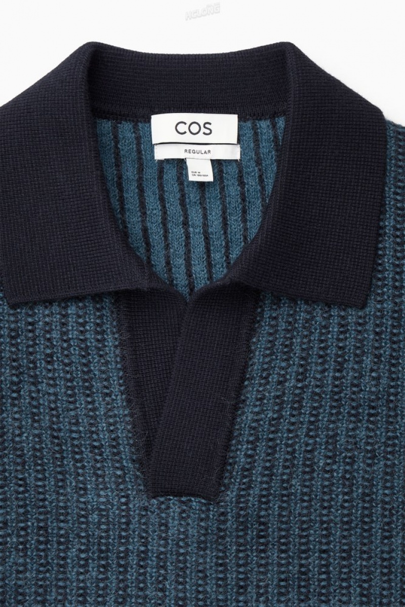 COS Two-Tone Wool Polo Shirt Men's Knitwear Teal / Navy | XT74-I5JK