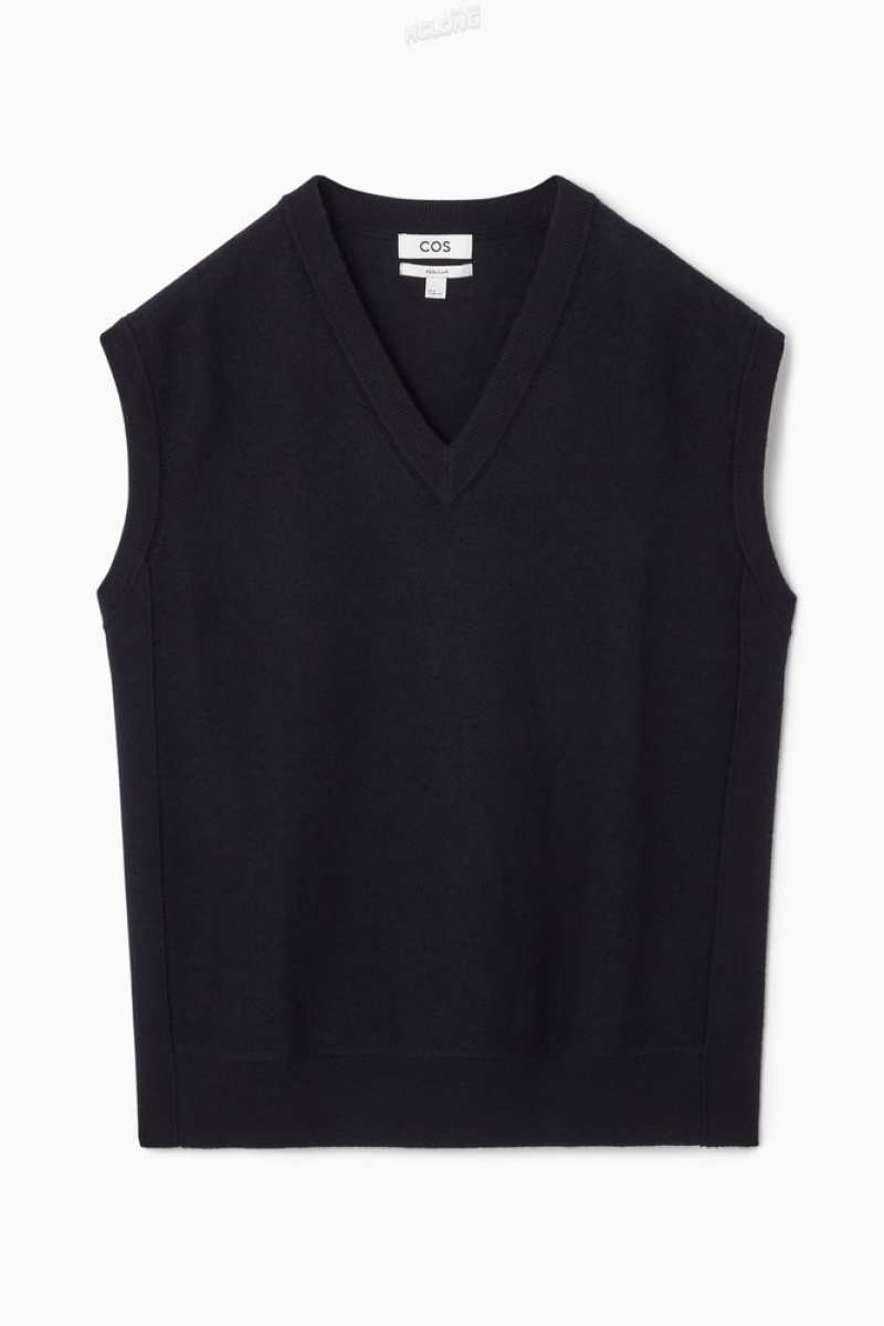 COS V-Neck Boiled-Wool Vest Men's Sweaters & Cardigans Dark Navy | UA64-C9AV