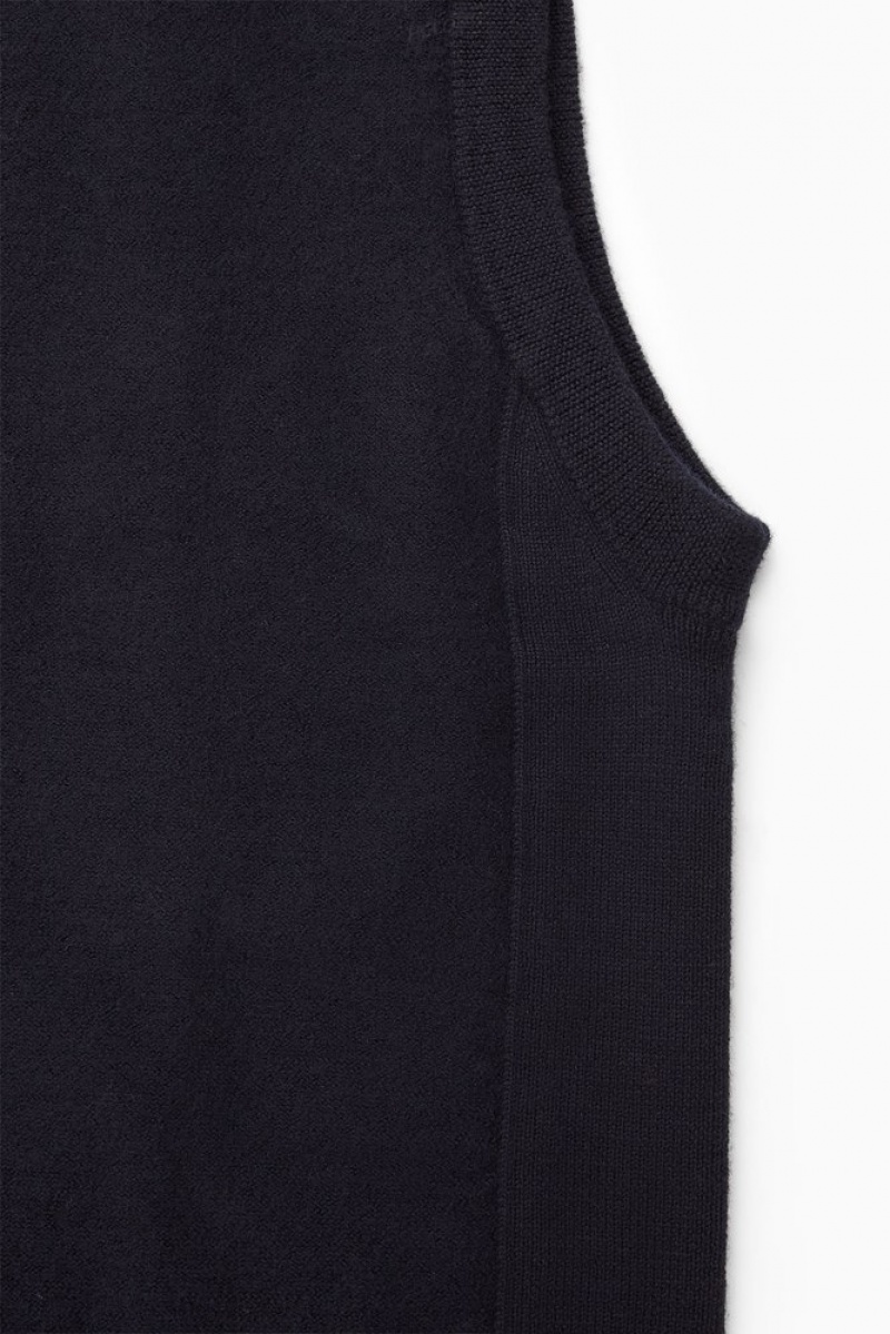 COS V-Neck Boiled-Wool Vest Men's Sweaters & Cardigans Dark Navy | UA64-C9AV