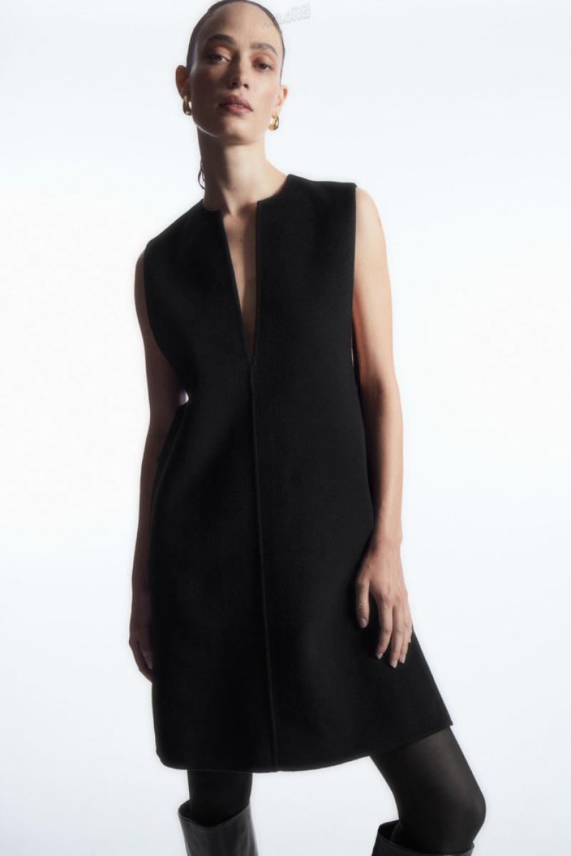 COS V-Neck Double-Faced Wool Dress Women's Dresses Black | AG75-A1VJ