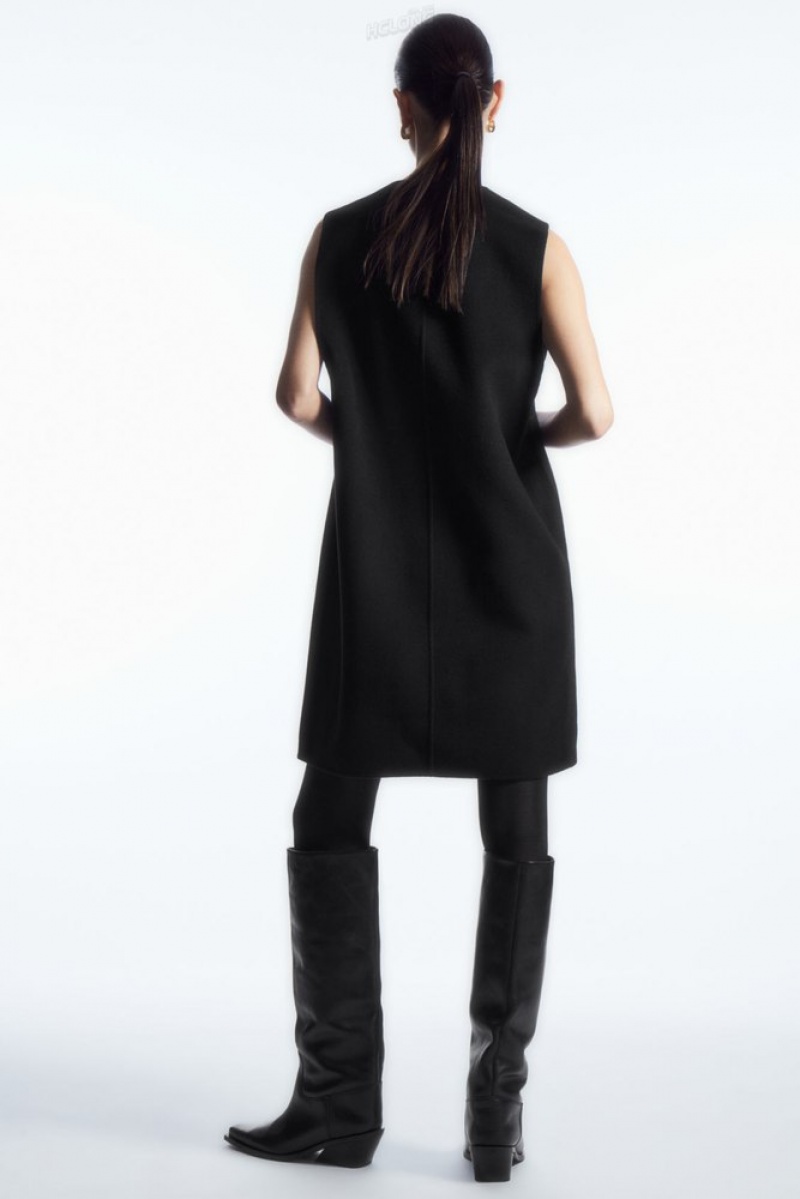 COS V-Neck Double-Faced Wool Dress Women's Dresses Black | AG75-A1VJ