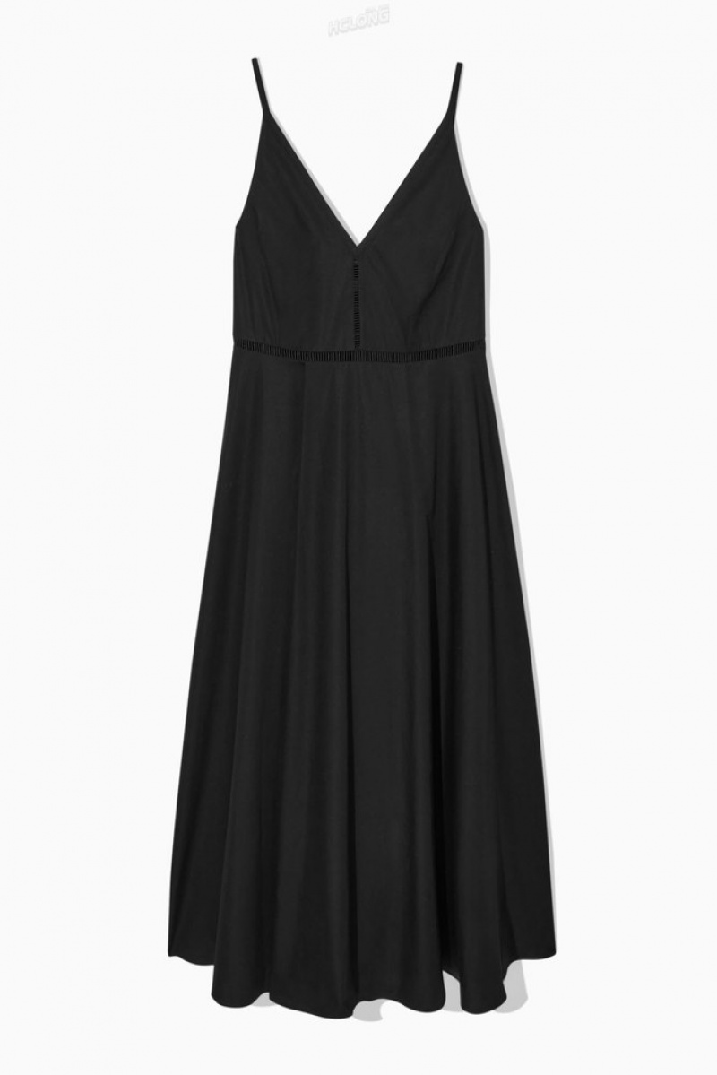 COS V-Neck Midi Slip Dress Women's Dresses Black | IK23-Y9NG