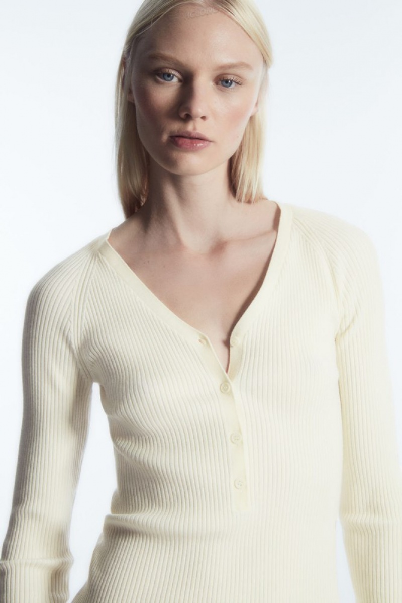 COS V-Neck Ribbed Wool Henley Top Women's Tops Cream | IV46-K2AG