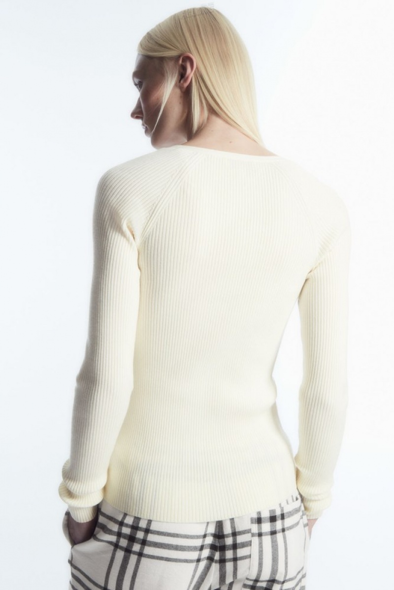 COS V-Neck Ribbed Wool Henley Top Women's Tops Cream | IV46-K2AG