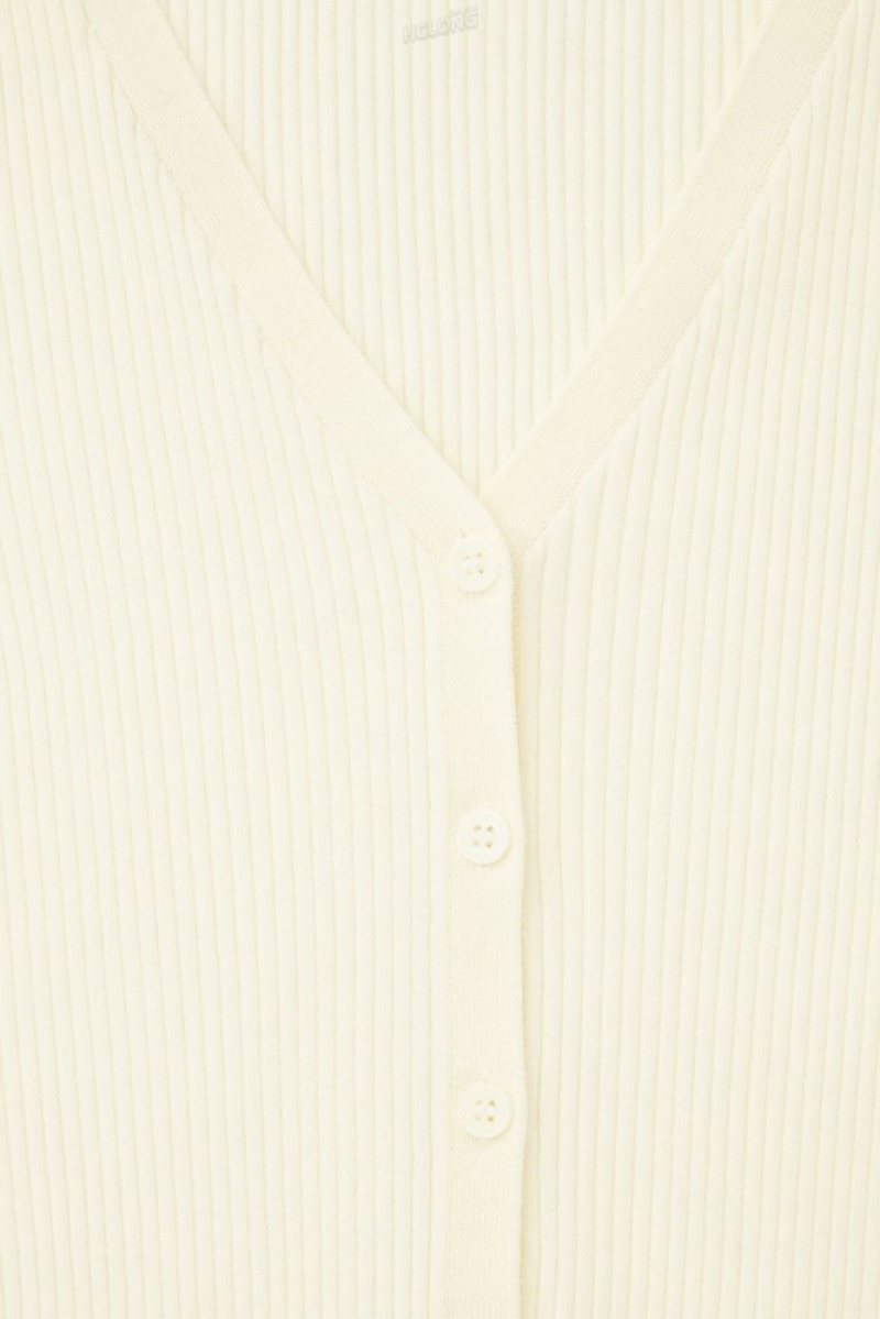 COS V-Neck Ribbed Wool Henley Top Women's Tops Cream | IV46-K2AG