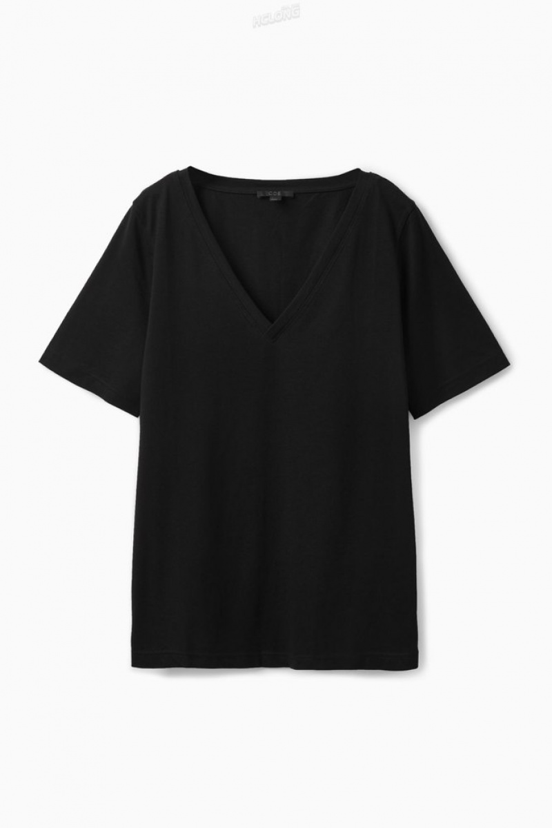 COS V-Neck T-Shirt Women's T-shirts Black | FB98-F1KD