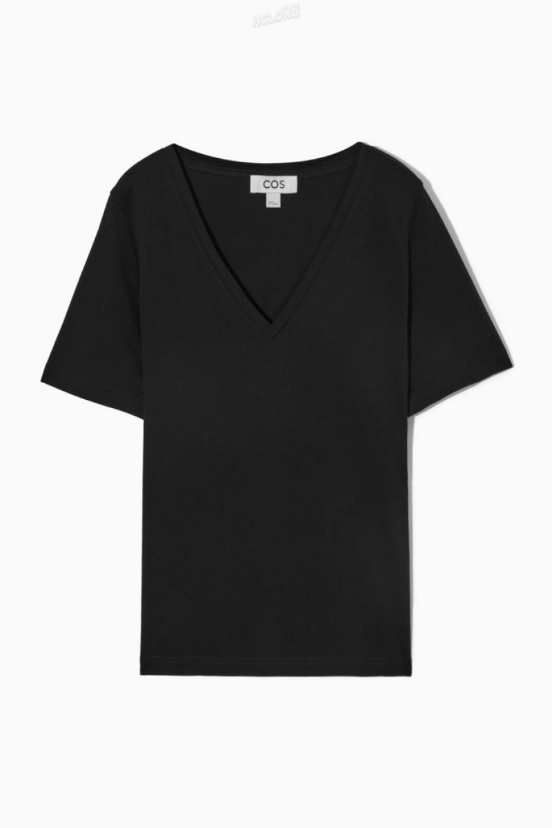 COS V-Neck T-Shirt Women's T-shirts Black | FB98-F1KD